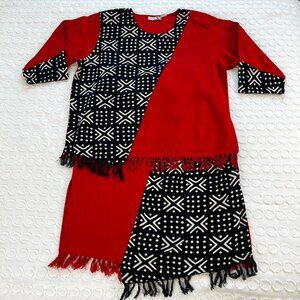 Women's Traditional African Print Tunic & Skirt Set Red Black Geometric Pattern